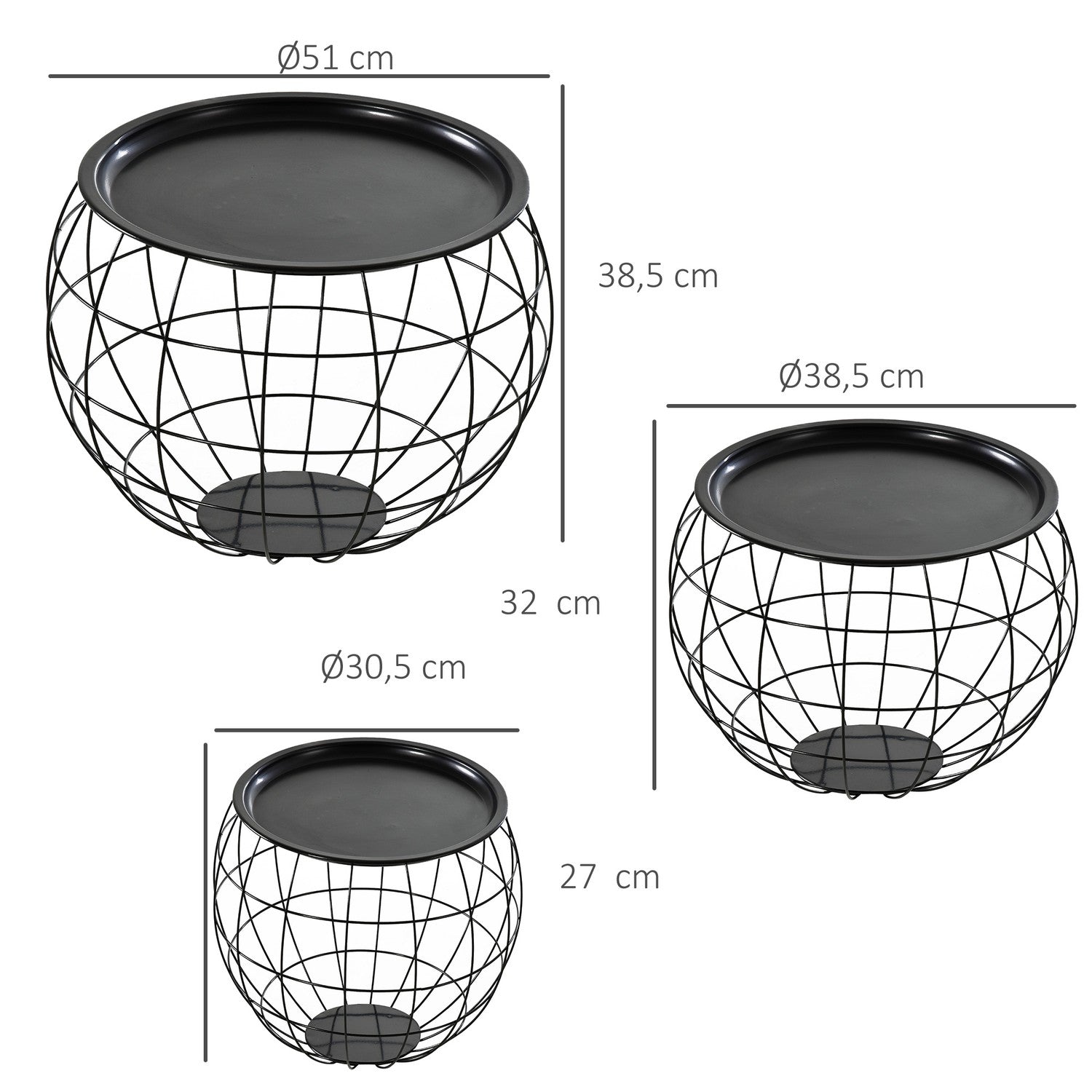 Zwarte salontafels – Set van 3 met afneembare bladen