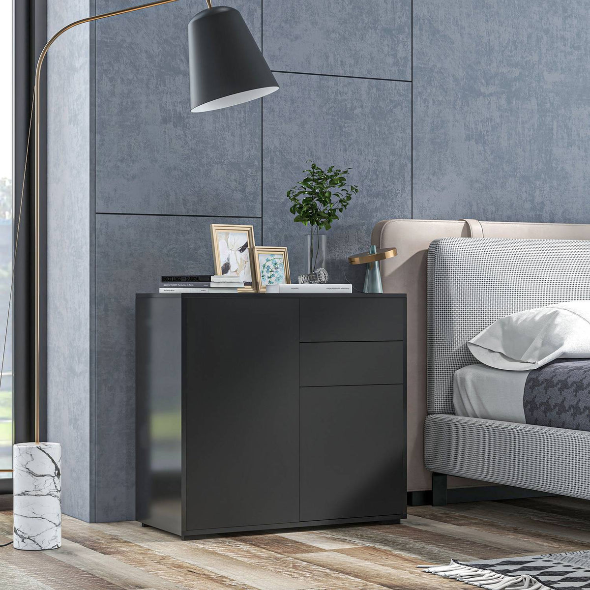 Zwart dressoir met lades & deuren, 117x36x74cm