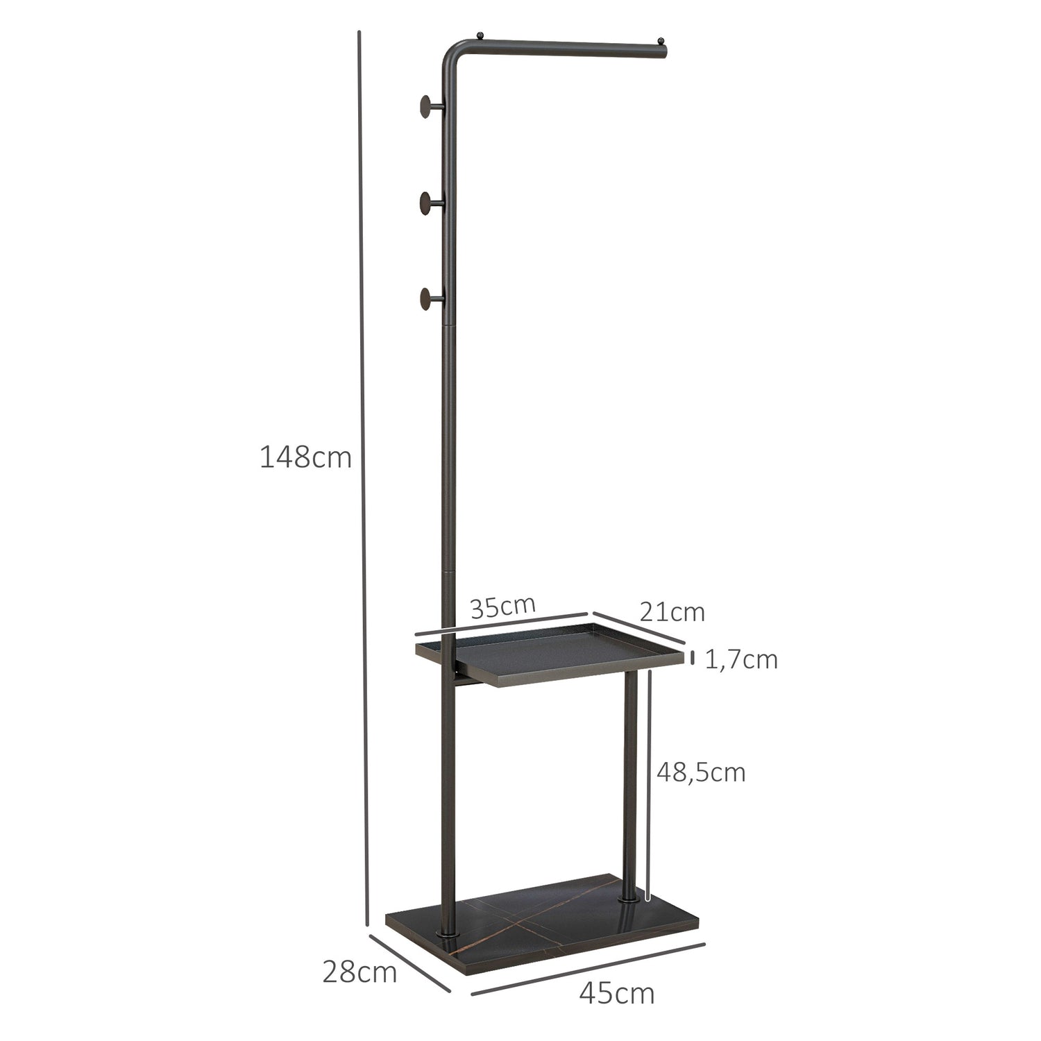 Zwart kapstok & hoedenplank met haken en plank – 148 cm