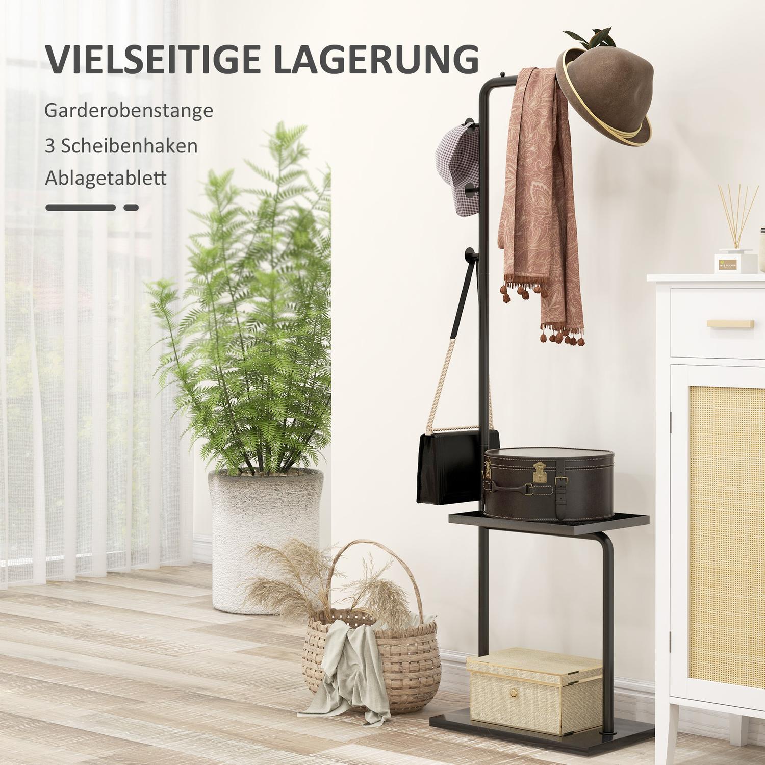 Zwart kapstok & hoedenplank met haken en plank – 148 cm