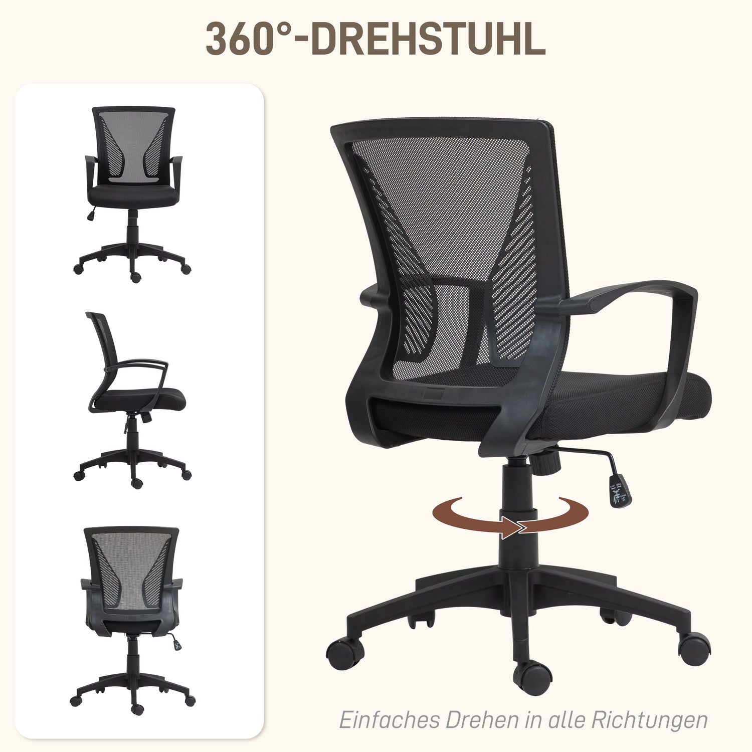 Zwarte draaibare bureaustoel met kantelfunctie, 120 kg draagvermogen
