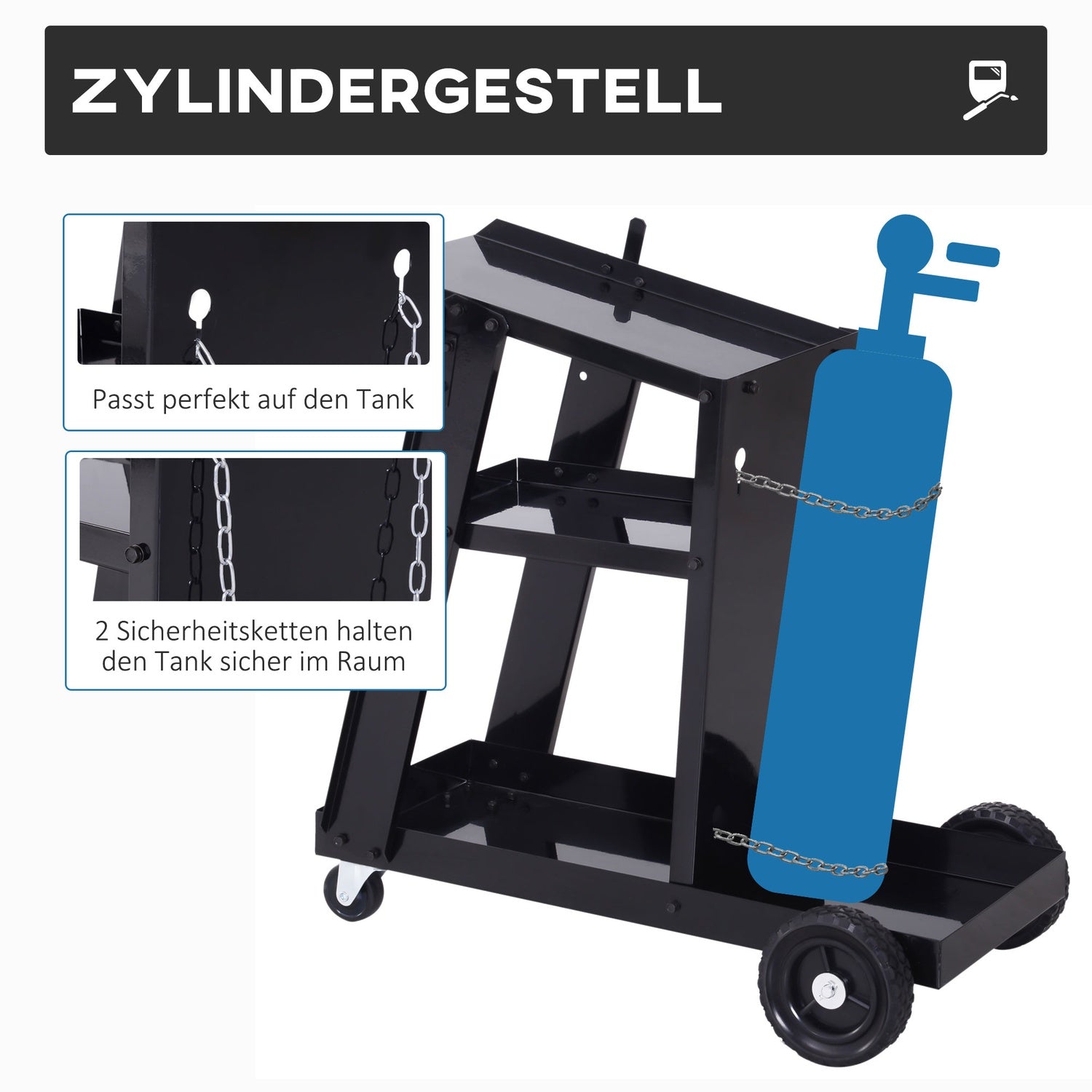 Laswagen met 3 legborden en veiligheidsketting, zwart