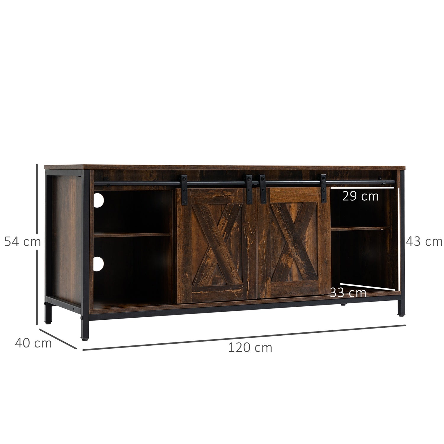 TV-meubel voor 60"-schermen, industrieel design, spaanplaat en staal