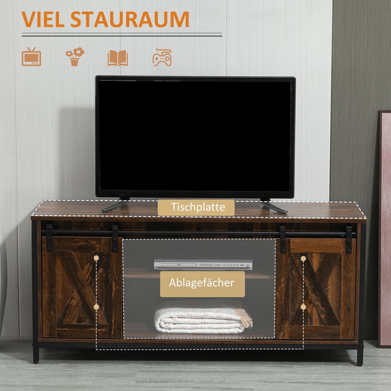 TV-meubel voor 60"-schermen, industrieel design, spaanplaat en staal