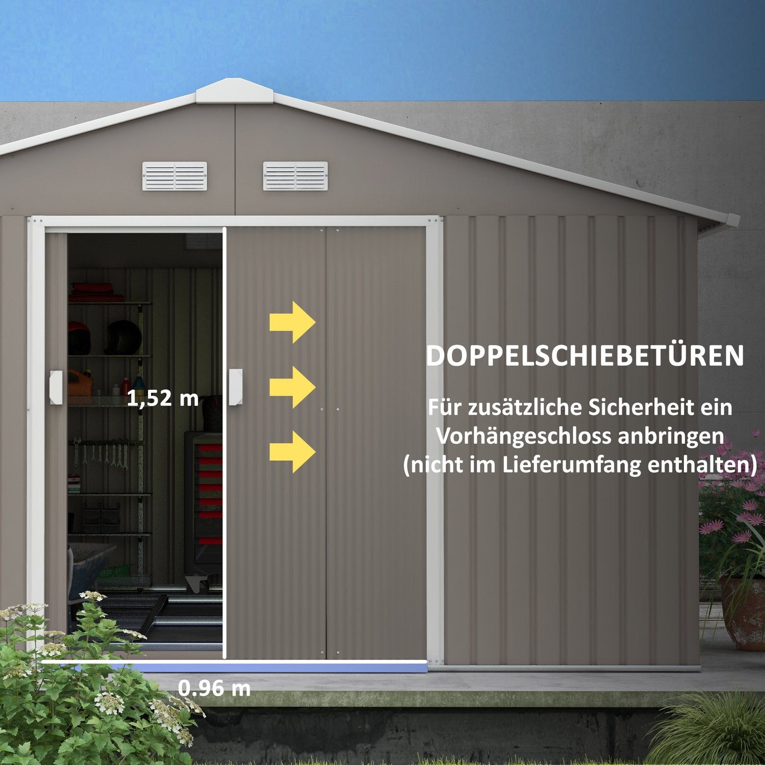 Gartenhaus, wetterfester Stahl, 12,4 m², Schiebetür