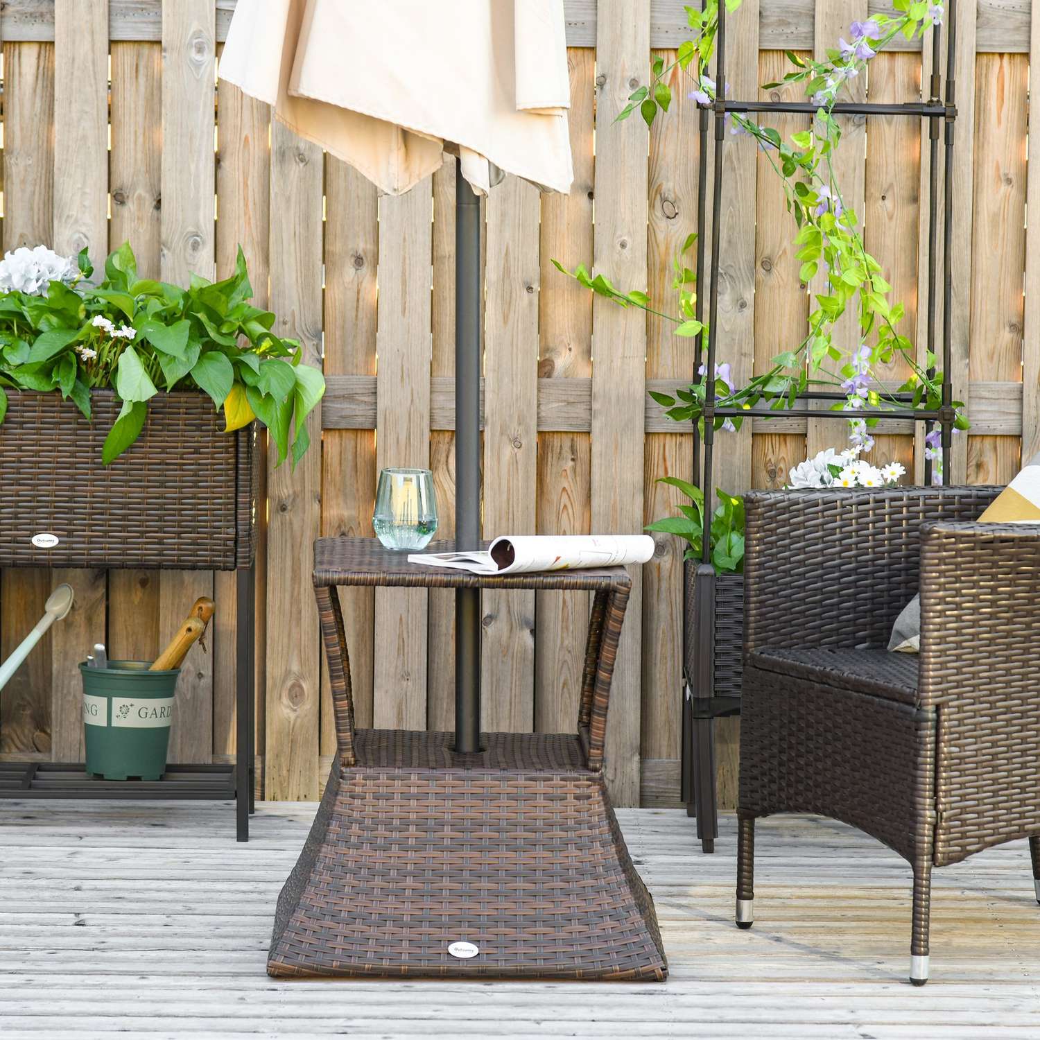 Tuintafel met parasolstandaard – Polyrattan, Bruin, 54x54x55 cm
