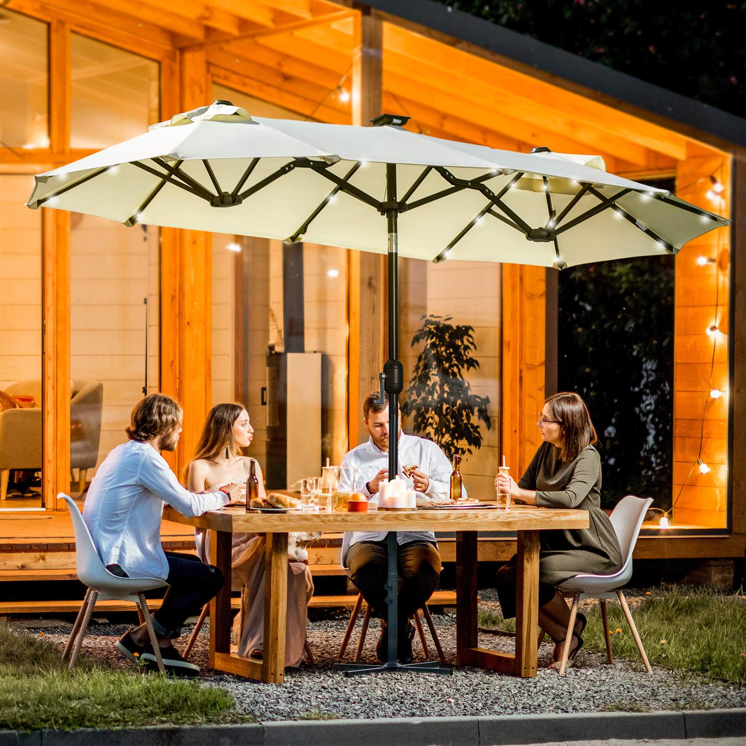 Dubbele tuinparasol met ledverlichting en verstelbare kantelfunctie, Beige