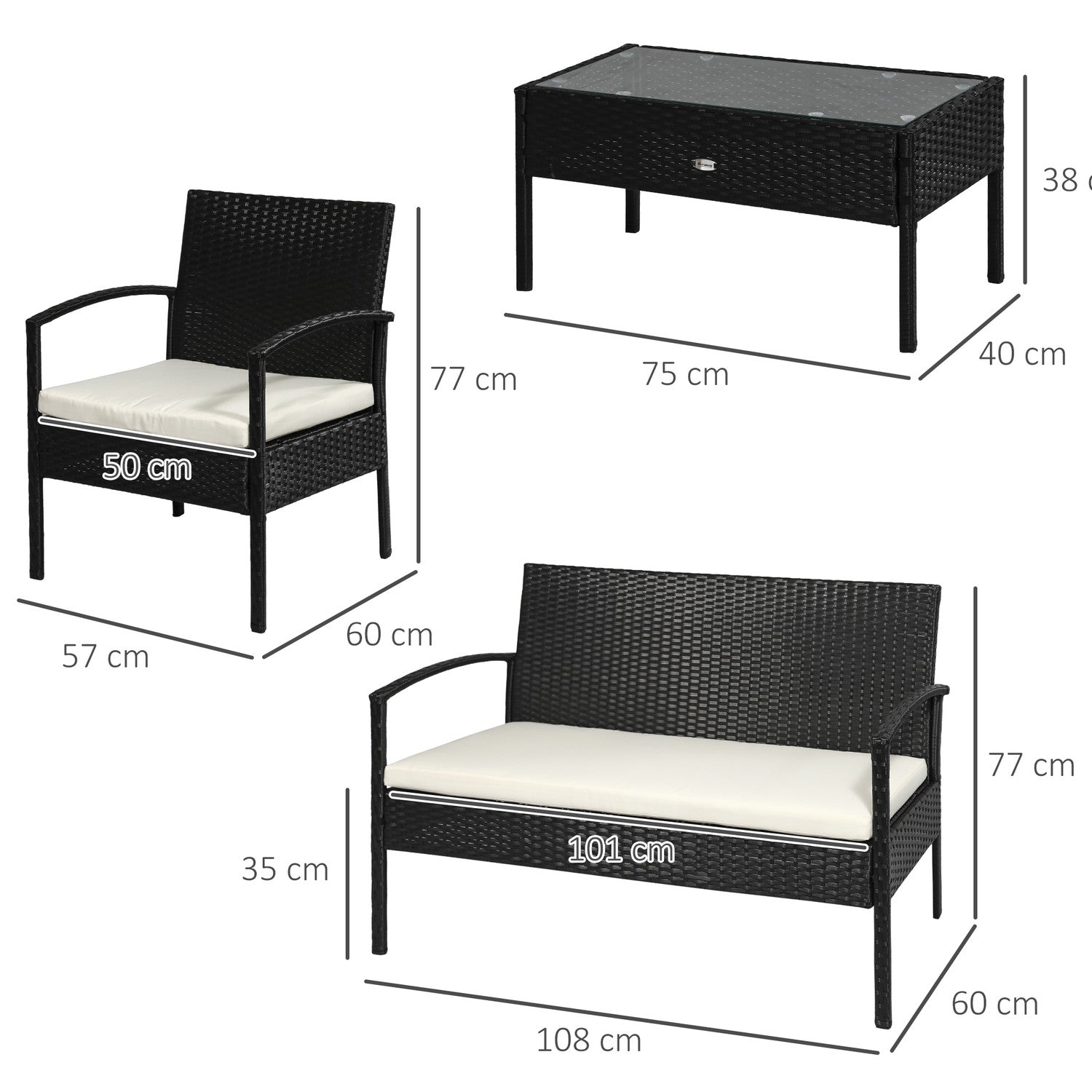 Polyrattan loungeset met kussens, zwart, 4 zitplaatsen