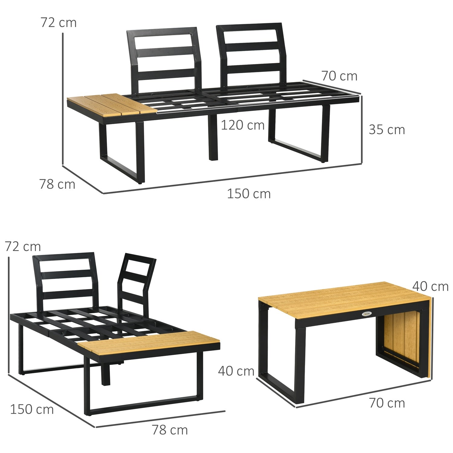 Tuingarnituur voor 3 personen, aluminium & houtlook, donkergrijs