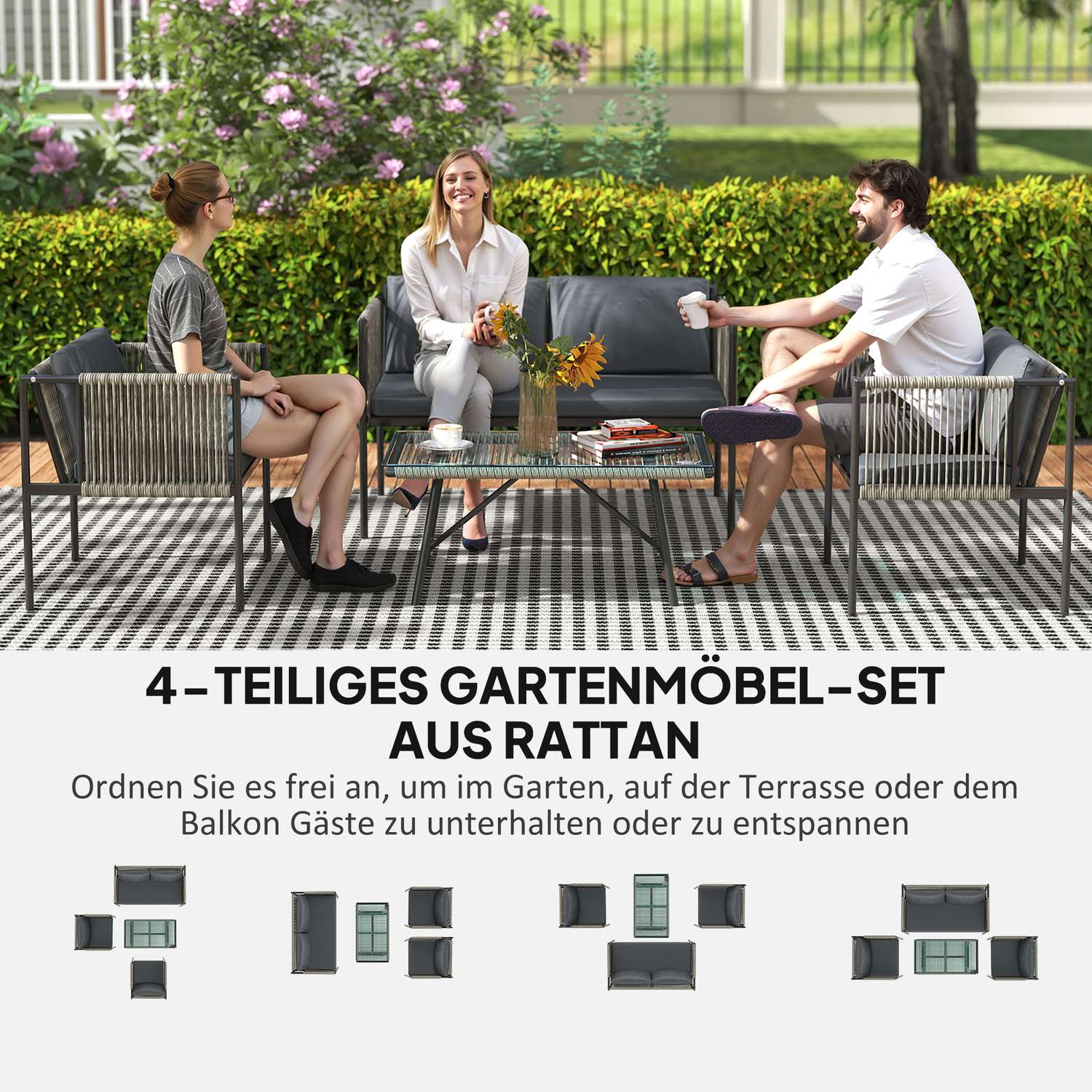 Salon de jardin en polyrotin avec coussins – gris