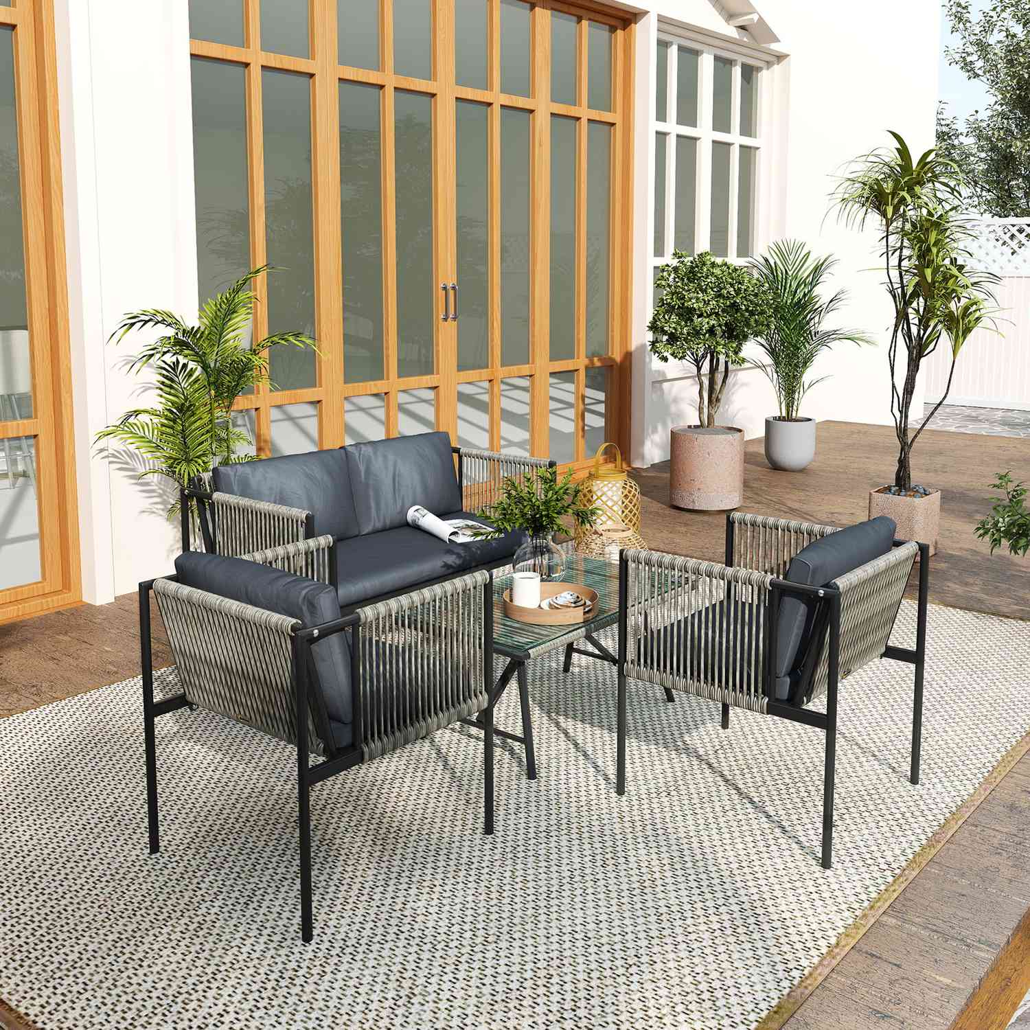 Salon de jardin en polyrotin avec coussins – gris