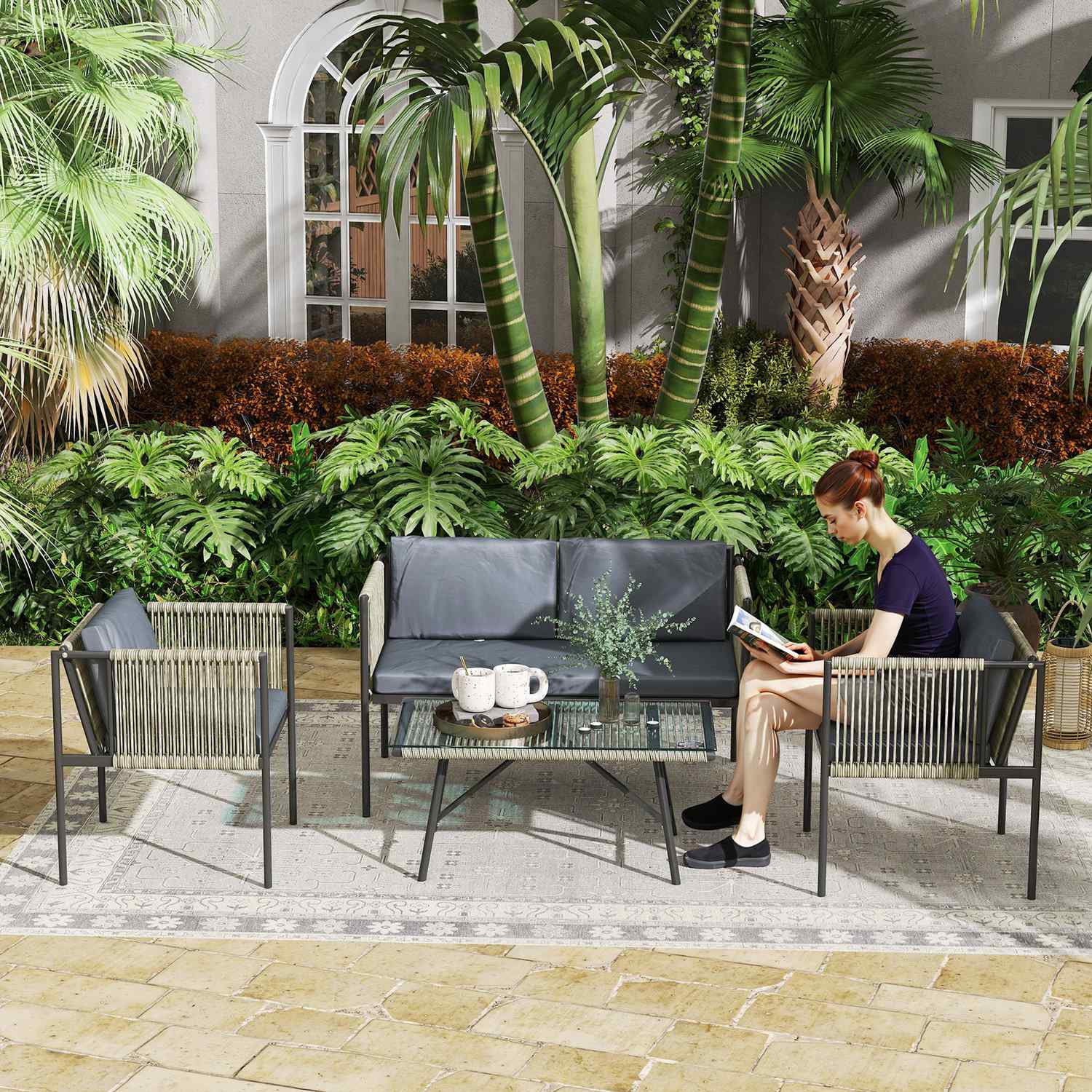 Salon de jardin en polyrotin avec coussins – gris