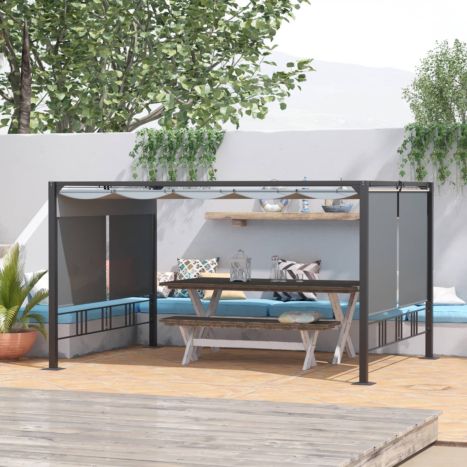 Tuinpergola tuinprieel met zonnescherm en jaloezieën