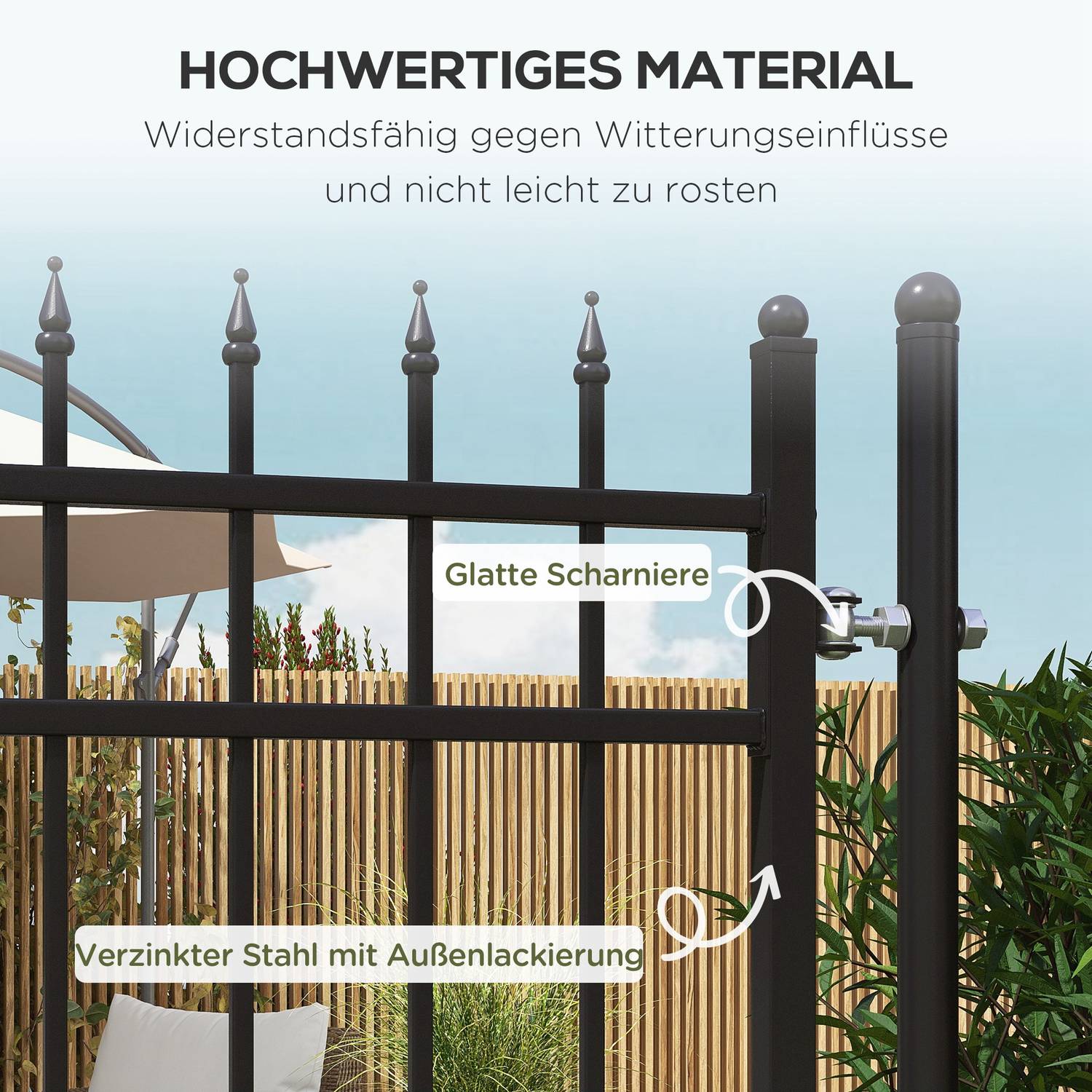 Tuinpoort van zwart gegalvaniseerd staal met slot en handgreep, 107x204 cm