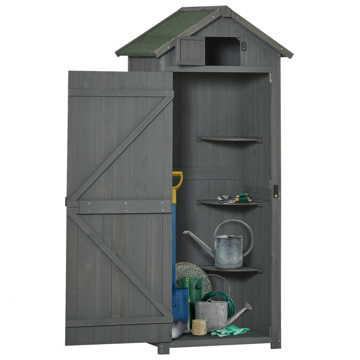Houten tuingereedschapsschuur – Grijs & Groen, Met planken, 77x54x179 cm