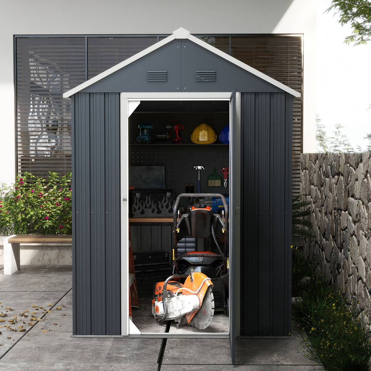Stalen tuingereedschapsschuur, 4 m² met raam en slot, donkergrijs