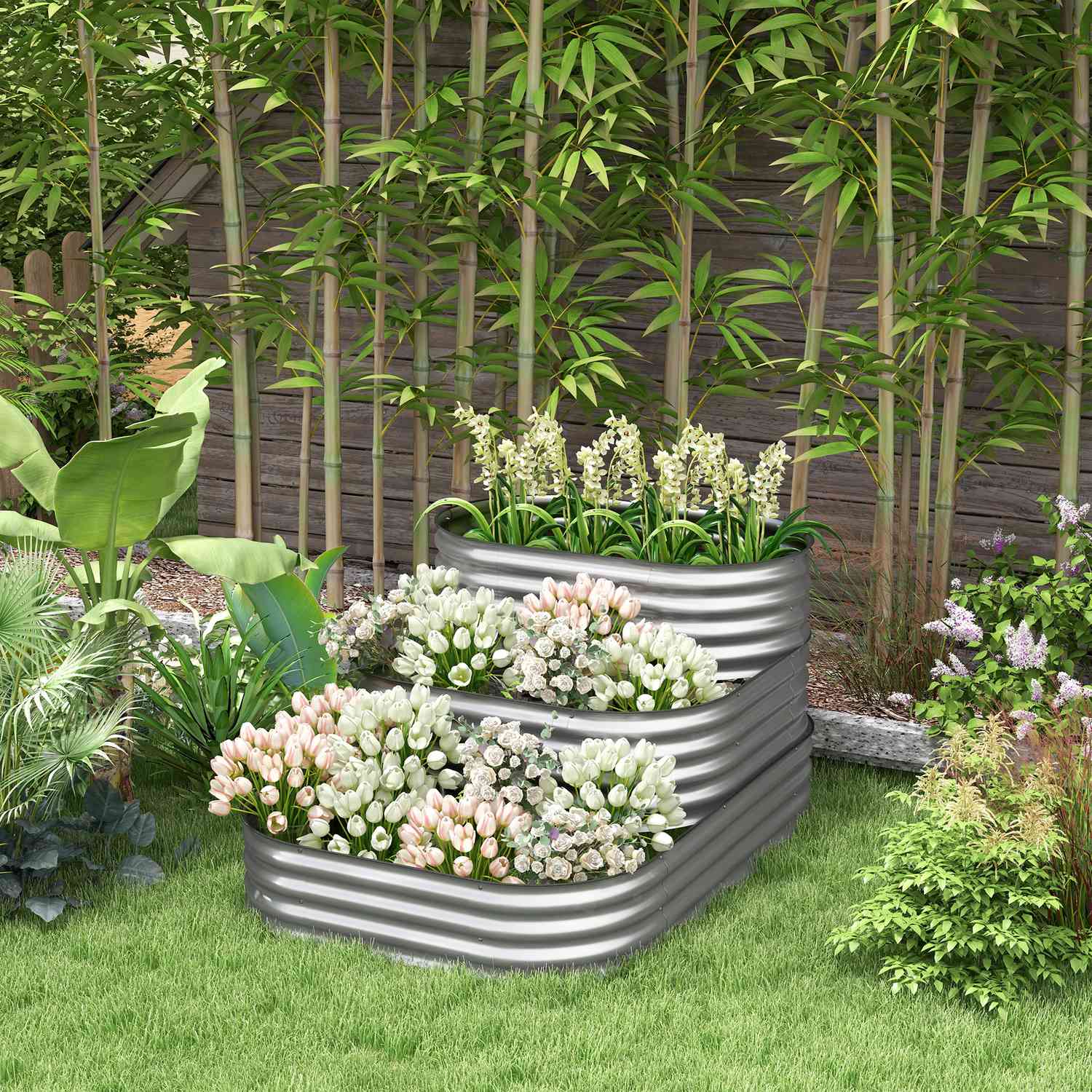 Metalen tuinbed, 3-laags plantenbak, veiligheidsranden