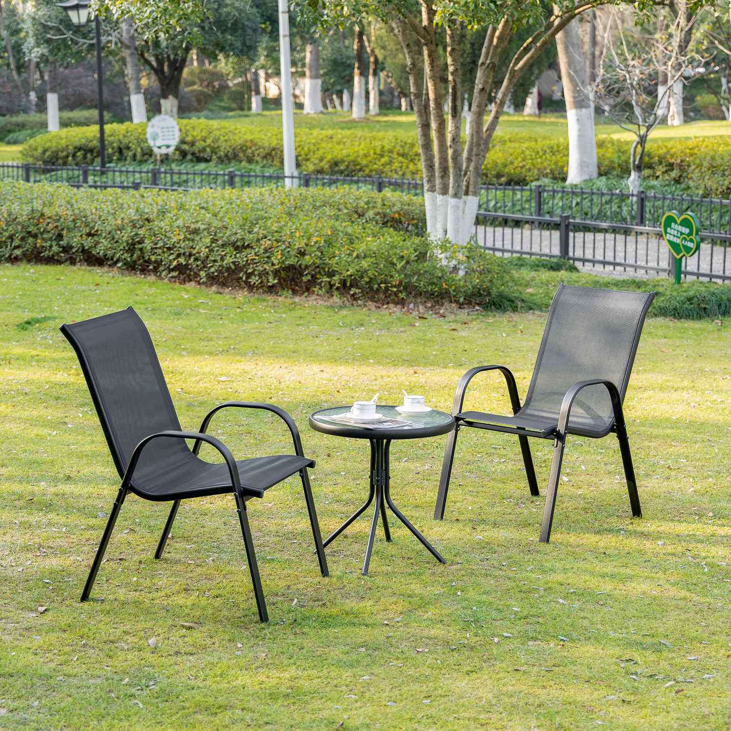 Tuinstoelen van zwart gaas - set van 2, met armleuningen