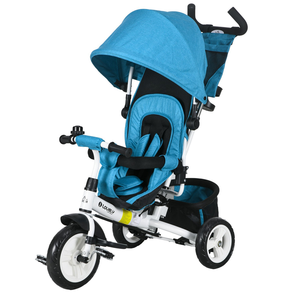 Driewieler voor kinderen, kinderfiets, achterste mand, bekerhouder, zonnescherm, metaal, blauw