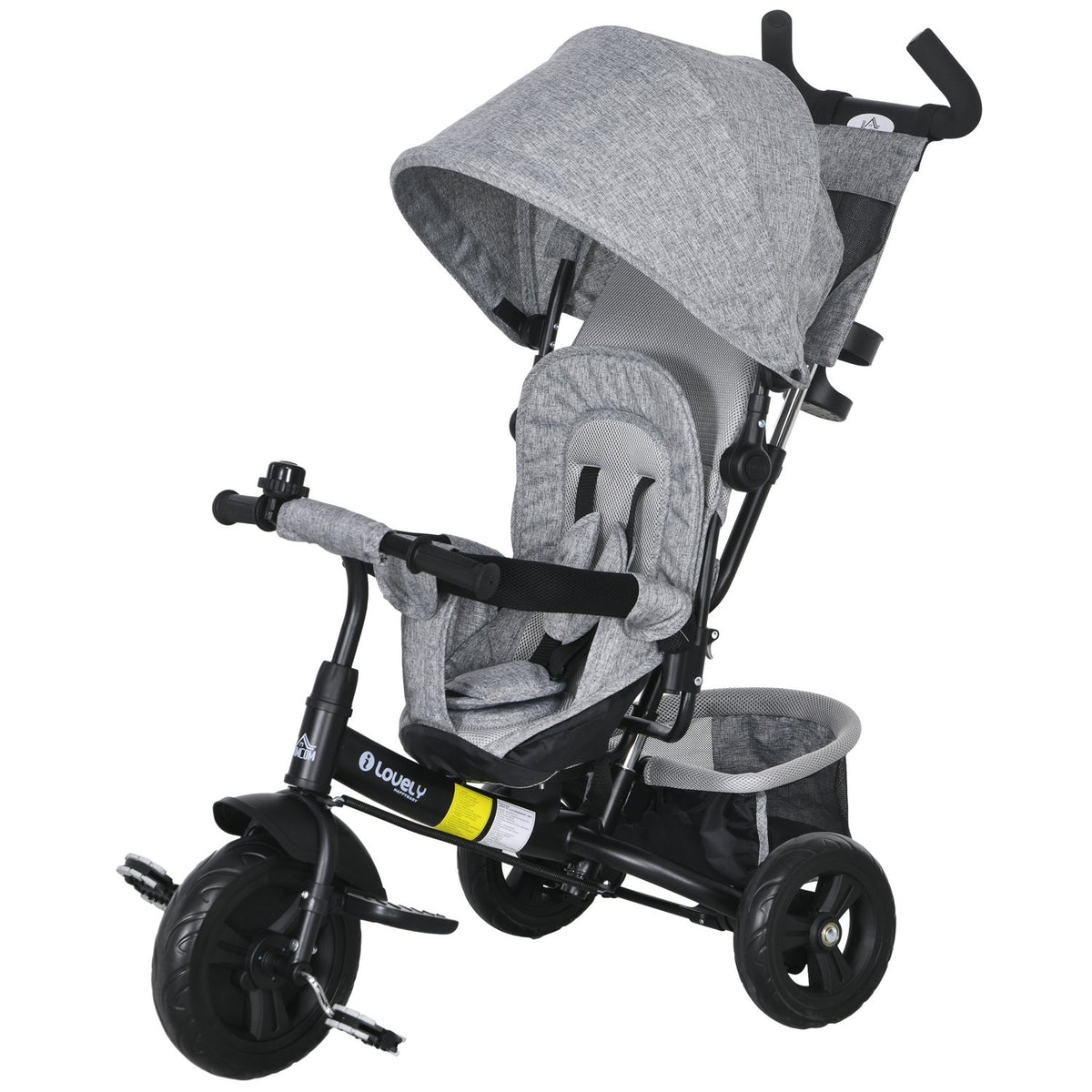 Driewieler voor kinderen, kinderfiets, rugtas, bekerhouder, zonnekap, metaal, grijs