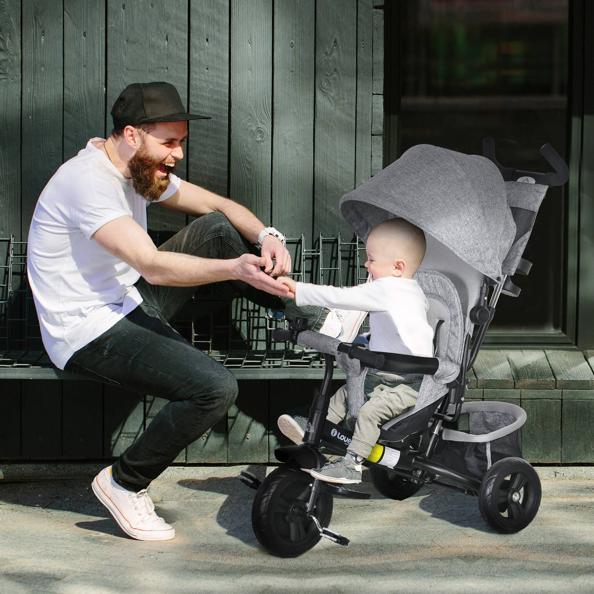 Driewieler voor kinderen, kinderfiets, rugtas, bekerhouder, zonnekap, metaal, grijs