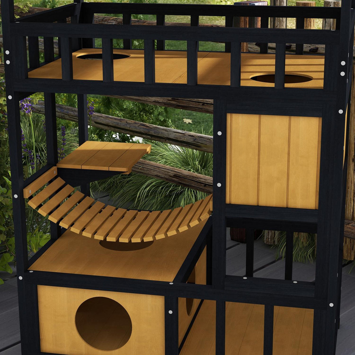 Houten kattenhuis met platforms en hangbrug, geel