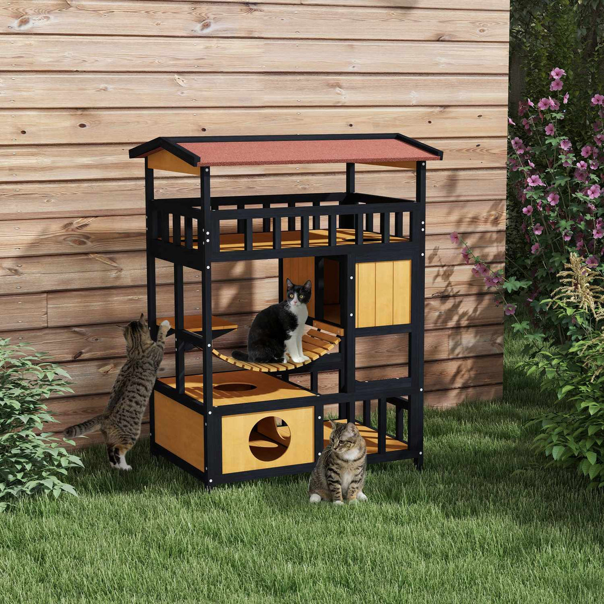 Houten kattenhuis met platforms en hangbrug, geel