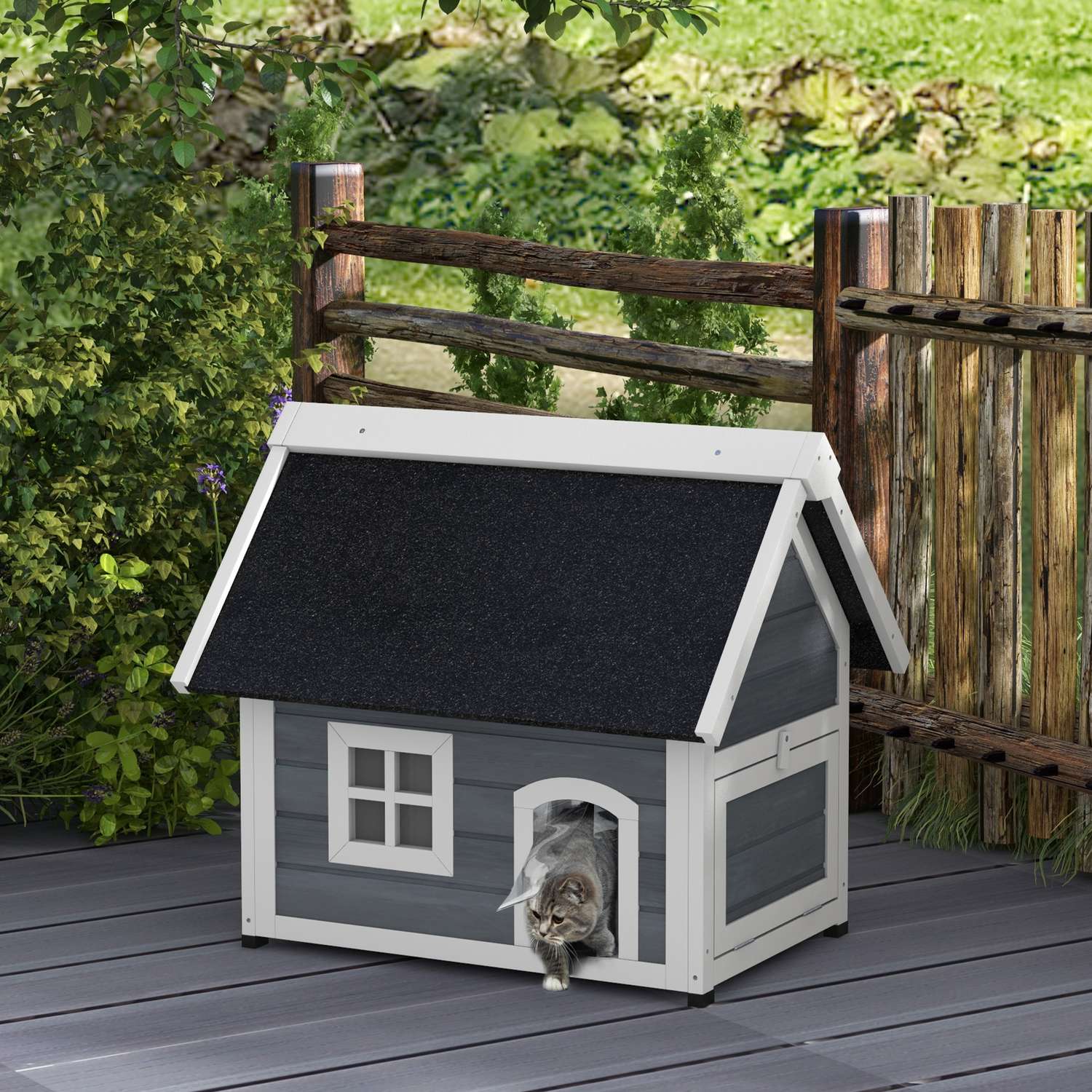 Katzenhaus aus Holz, wetterfest, Scharnierdach, grau