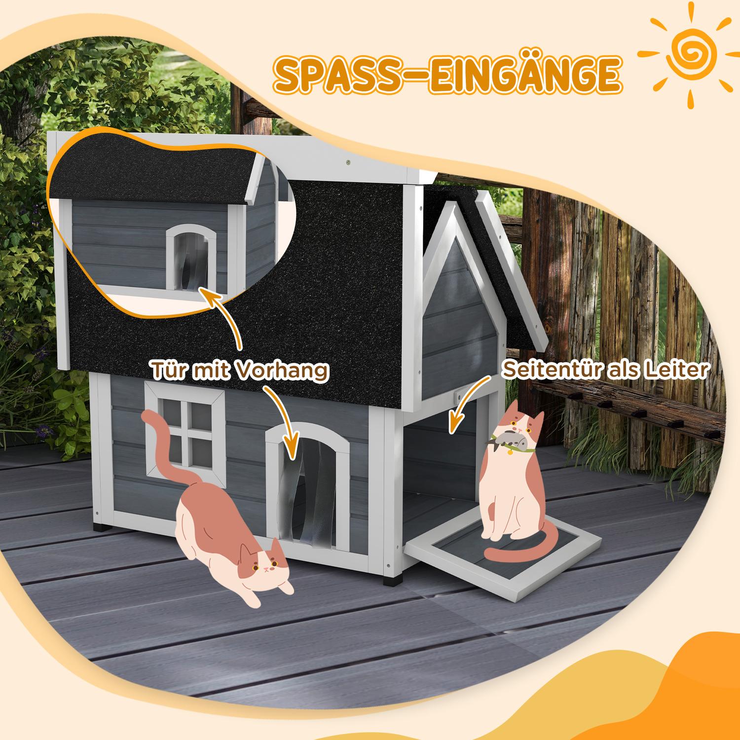 Katzenhaus aus Holz, wetterfest, Scharnierdach, grau