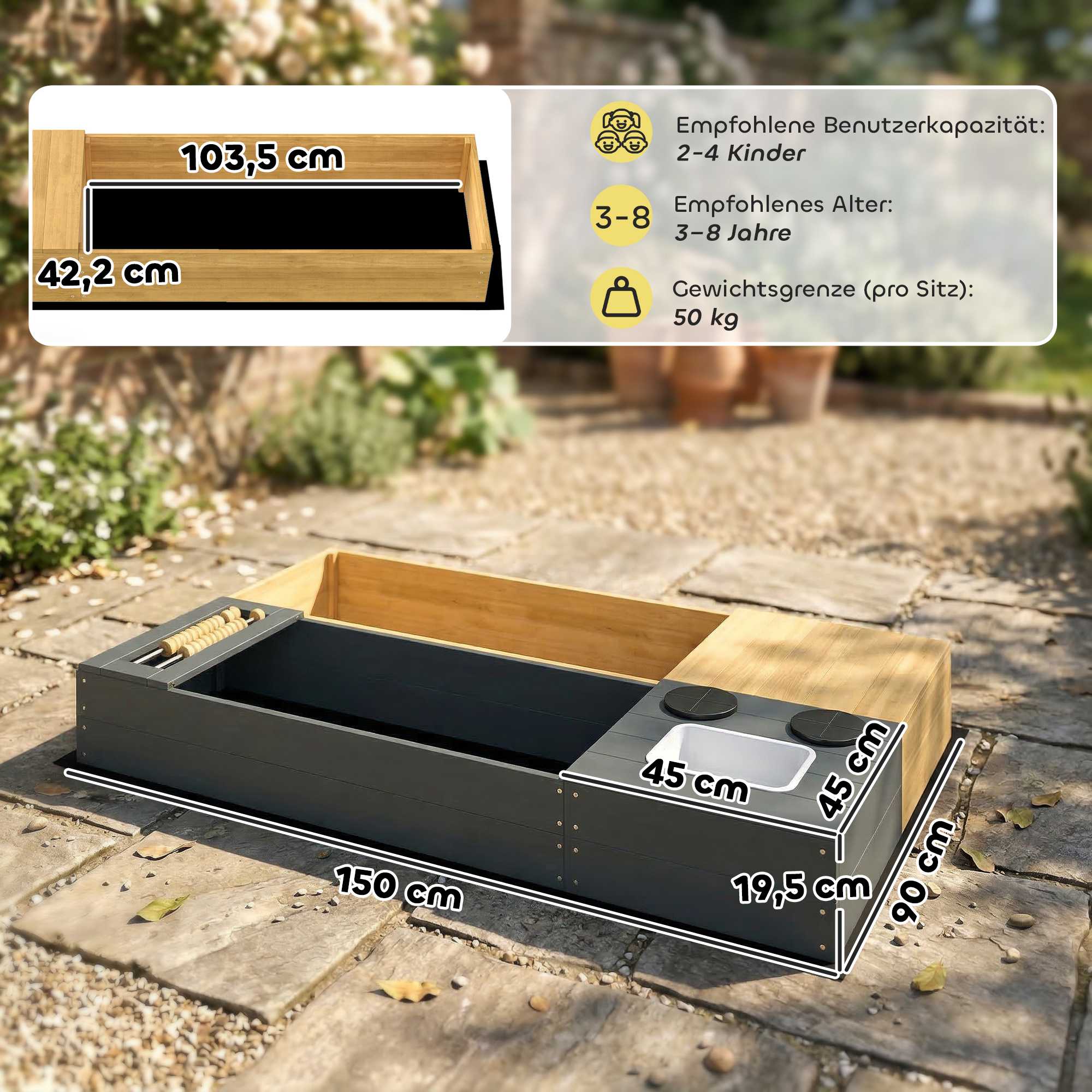 Träsandlåda med bänk och förvaring, 150x90cm