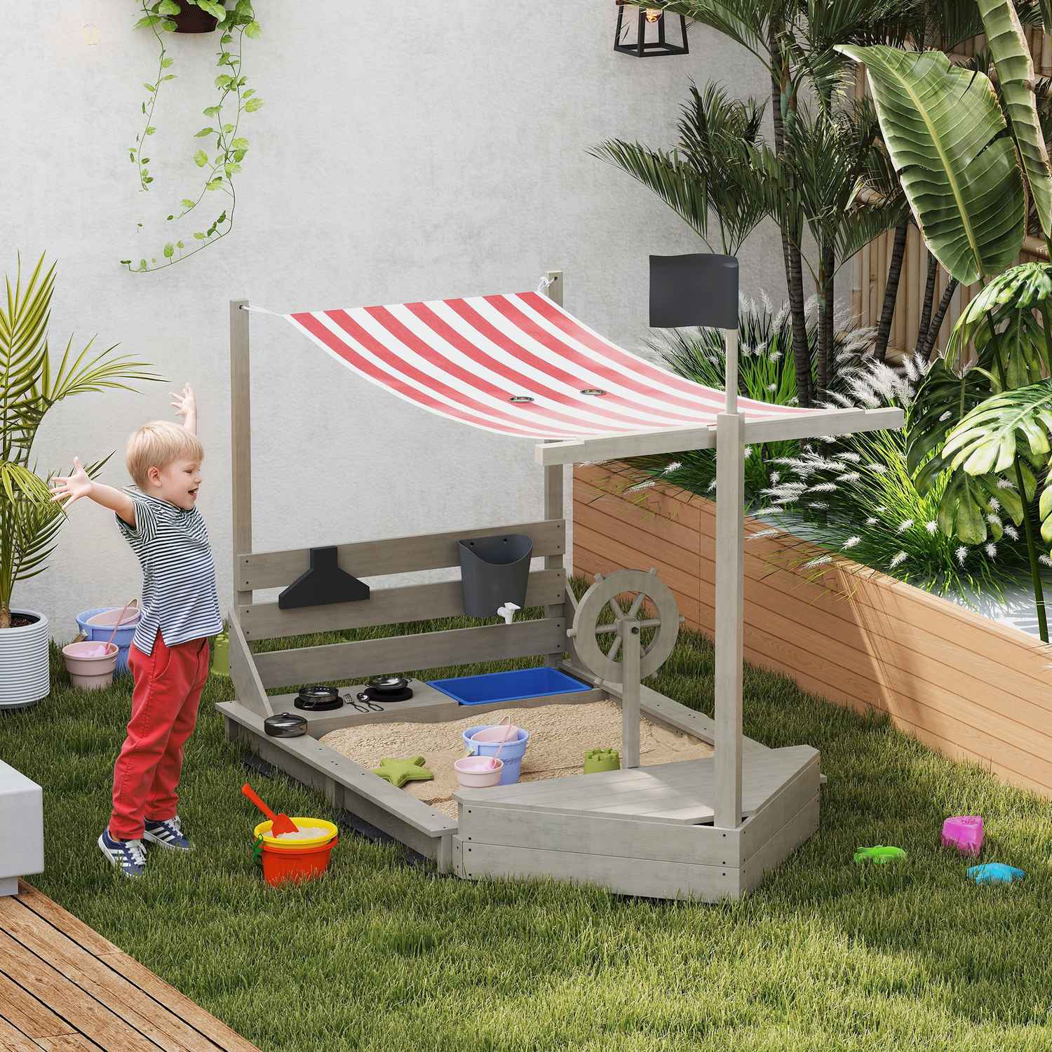 Houten speeltuinboot Zandbak met deksel – 180 x 103 x 144,5 cm