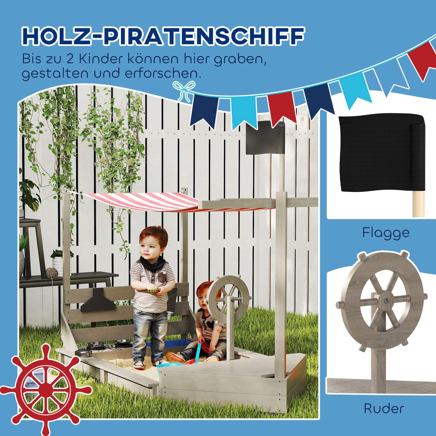 Houten speeltuinboot Zandbak met deksel – 180 x 103 x 144,5 cm