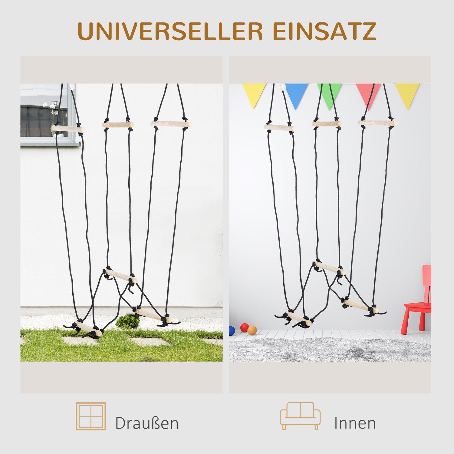 Houten klimtouwladder voor kinderen, 1,65 m, draagvermogen 100 kg