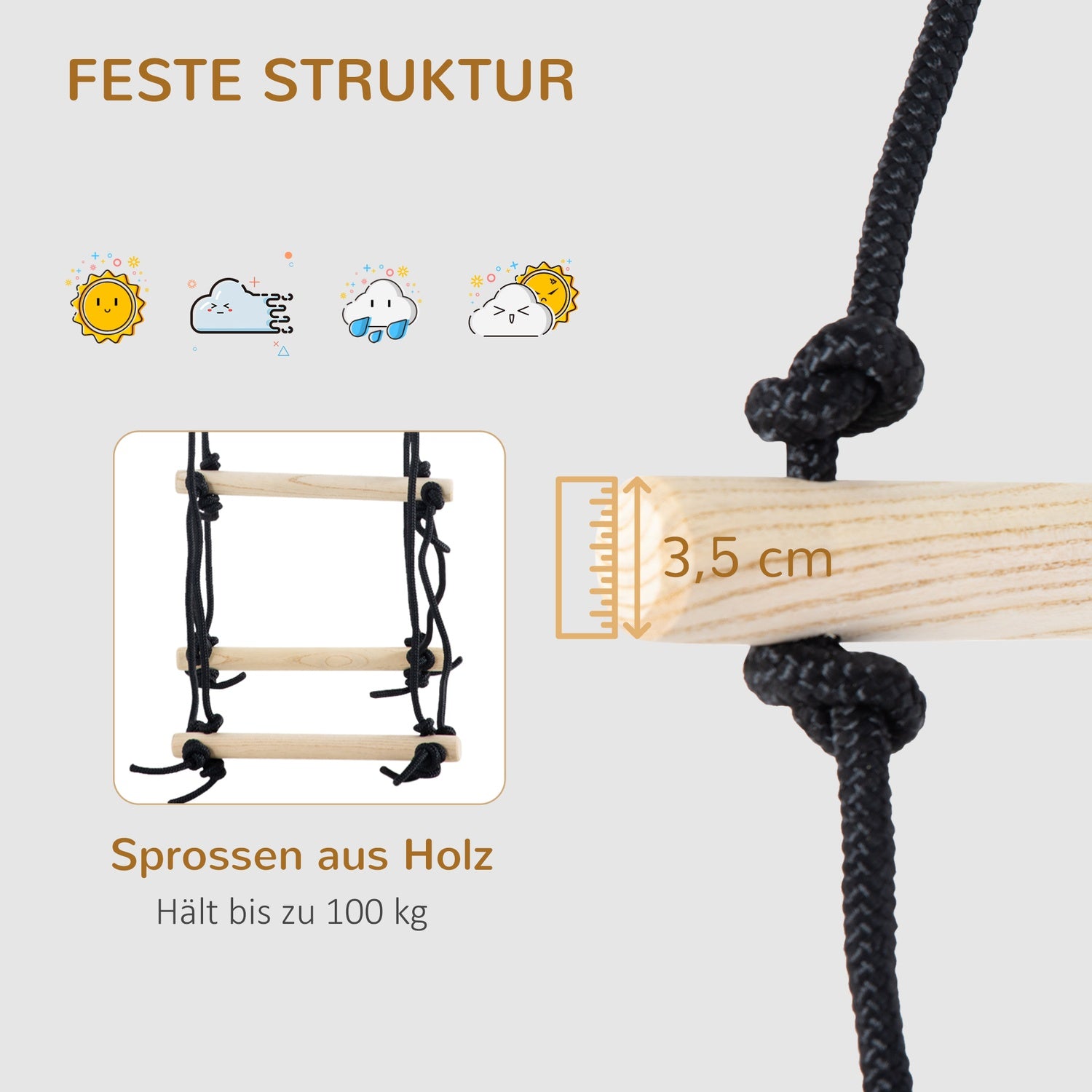 Houten klimtouwladder voor kinderen, 1,65 m, draagvermogen 100 kg