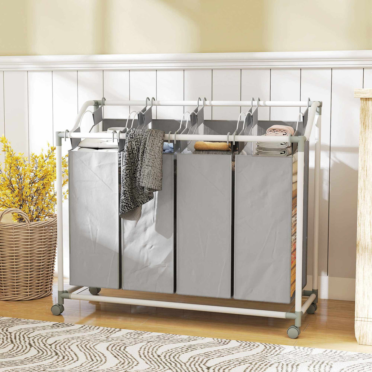 Wasmand met 4 afneembare zakken, 160 liter, wielen, grijs
