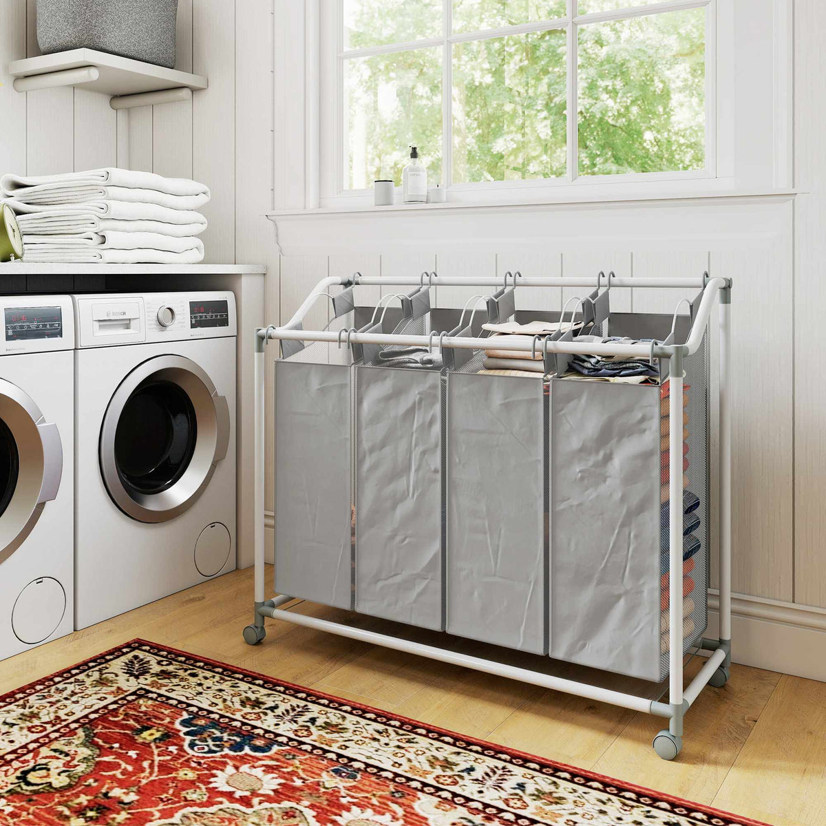 Wasmand met 4 afneembare zakken, 160 liter, wielen, grijs