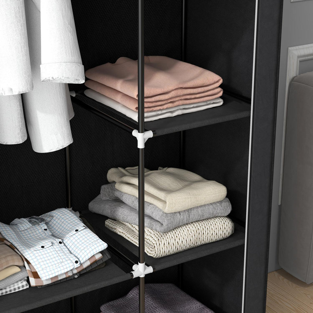 Stoffen vouwgarderobe, 6 vakken, zwart, 103x43x162,5 cm