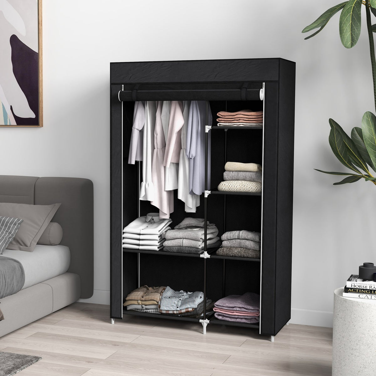 Stoffen vouwgarderobe, 6 vakken, zwart, 103x43x162,5 cm