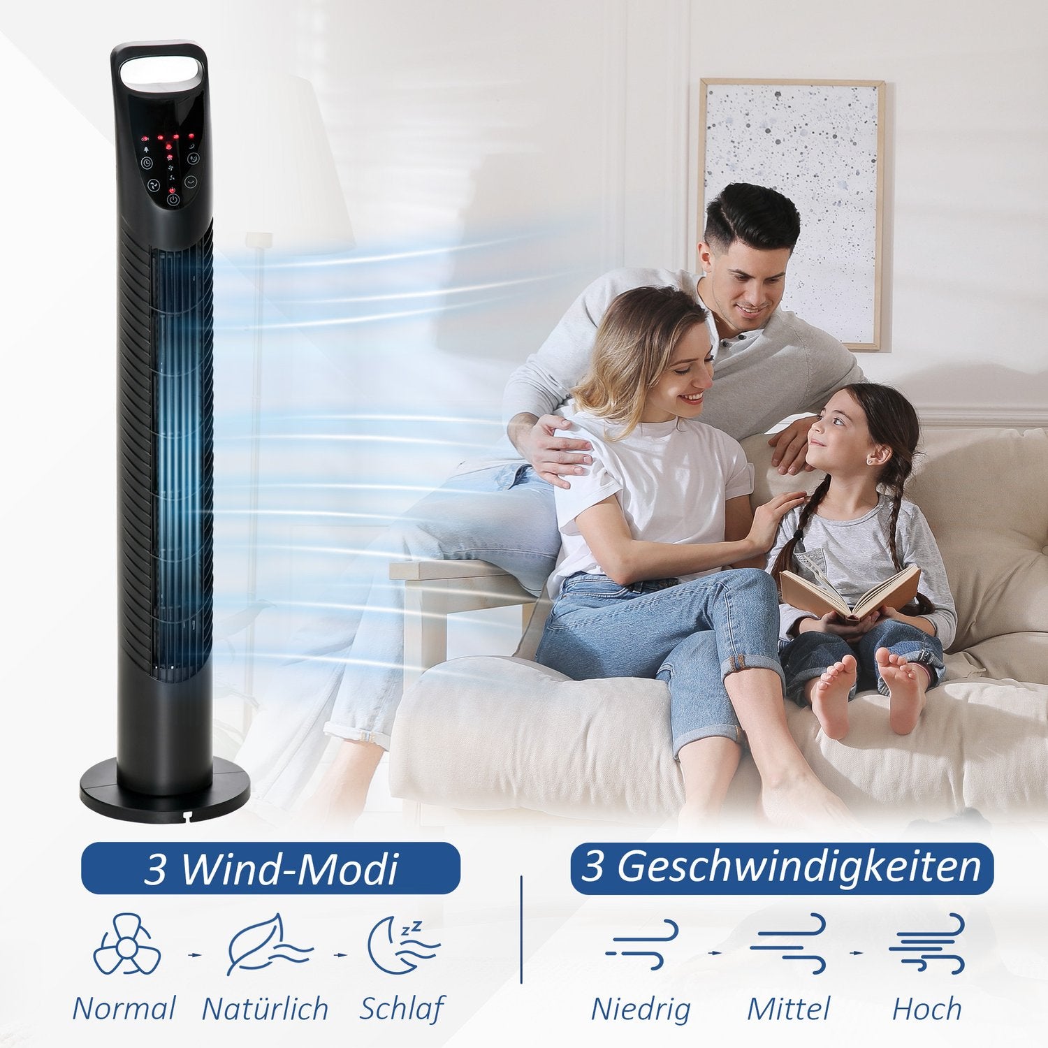 Stille torenventilator – 3 snelheden, afstandsbediening, oscillerend, zwart
