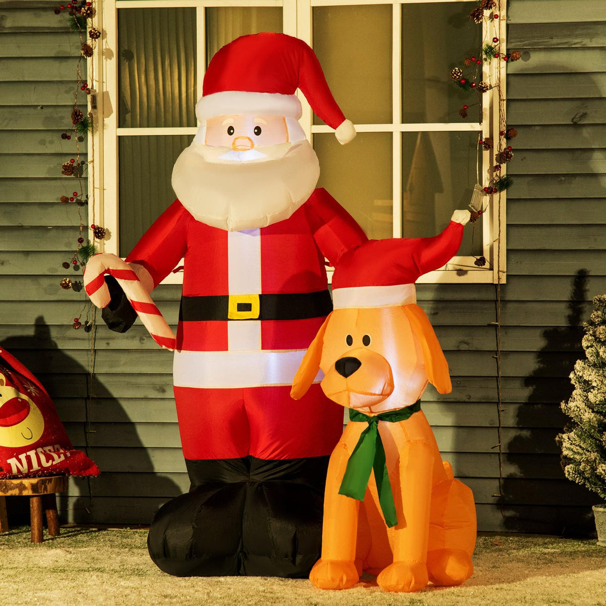 Opblaasbare kerstman 157 cm met hond, LED-verlichting, waterdicht