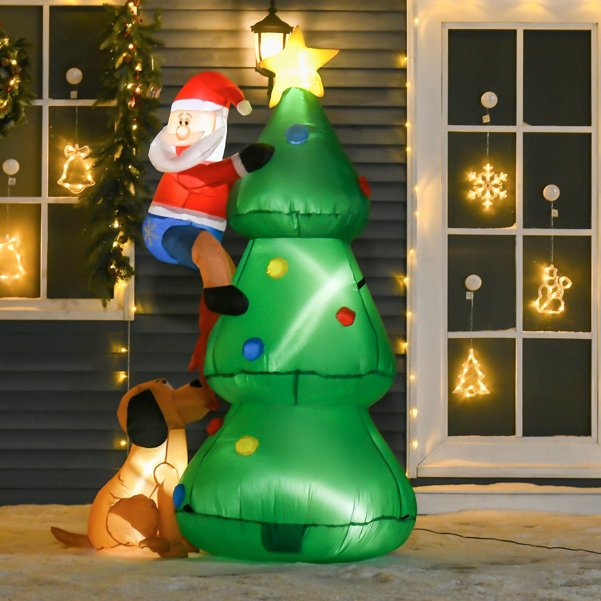 Opblaasbare kerstboom van 180 cm met Kerstman en hond, LED-verlichting