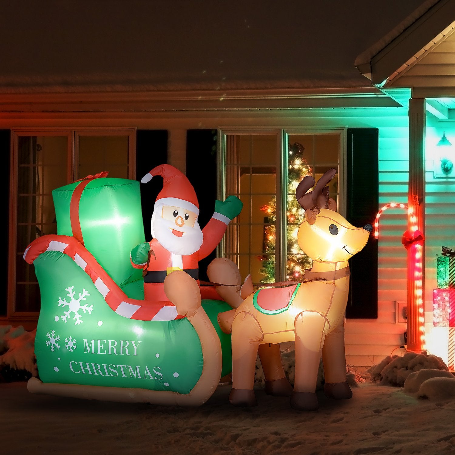 Opblaasbare 2,1 m kerstman met slee en rendieren – met LED-verlichting