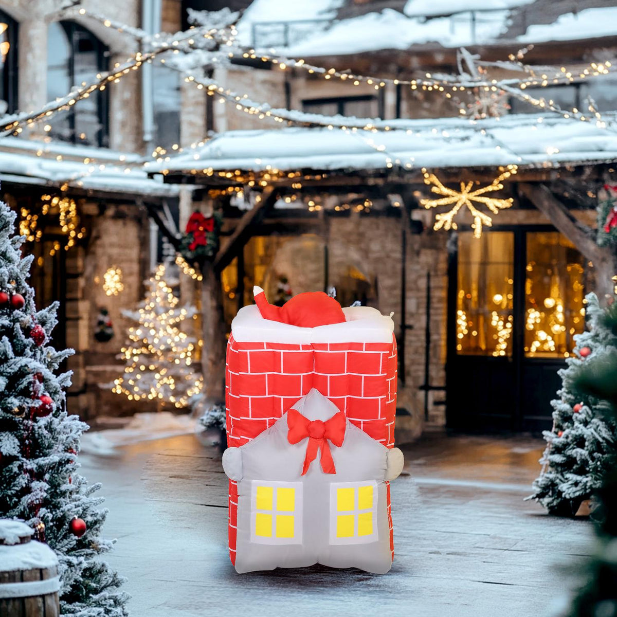 Opblaasbare kerstman in schoorsteen met LED's en ventilator