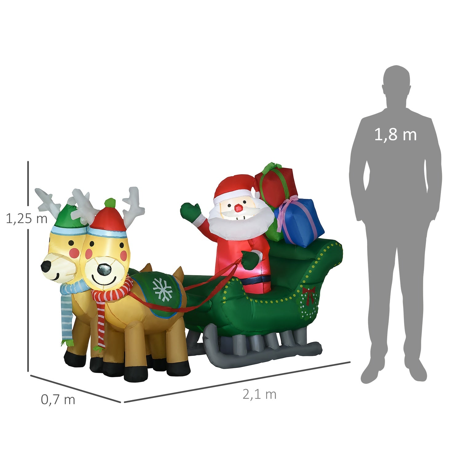 Opblaasbare Kerstman met rendieren, 210cm LED, waterdichte decoratie