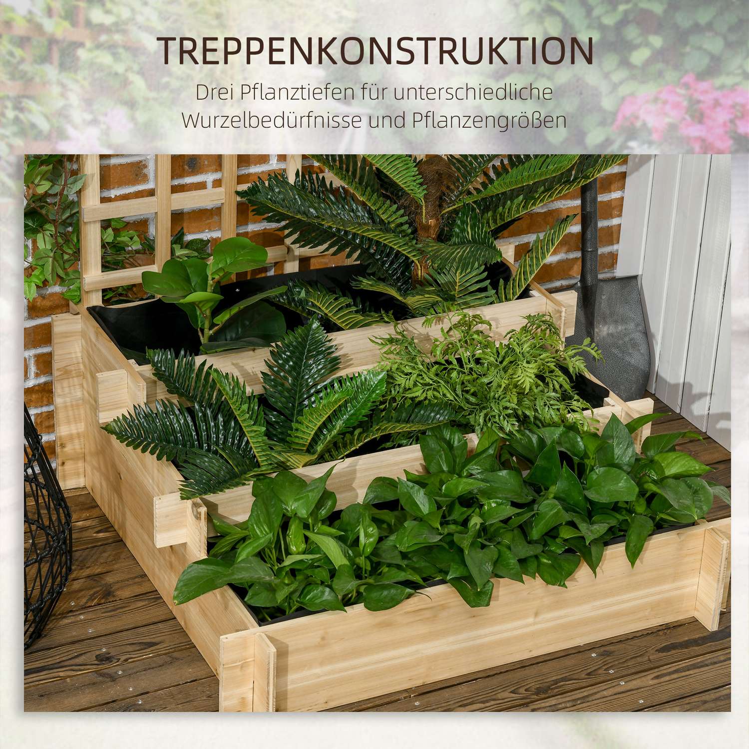 Upphöjd planteringslåda i trä med spaljé – 95 x 95 x 110 cm