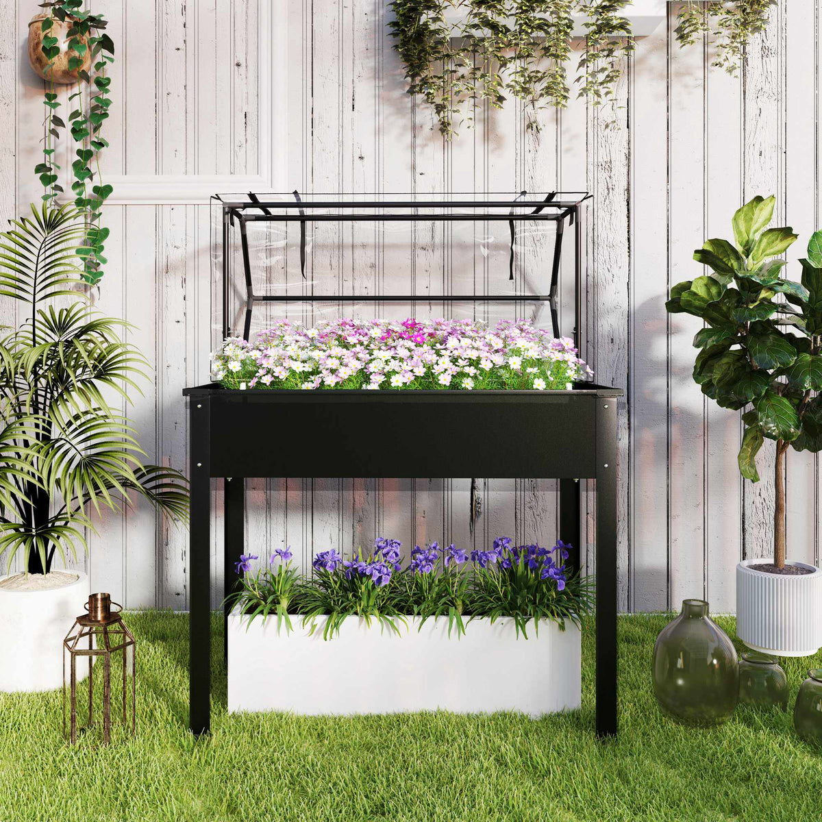 Verhoogde tuinbak met kasdak, 100 x 48 x 124 cm, zwart