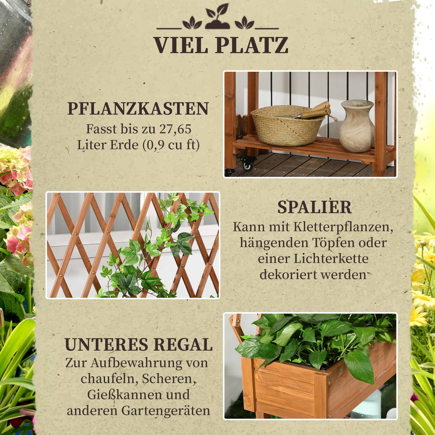 Verhoogd tuinbed met hek en wielen, massief hout
