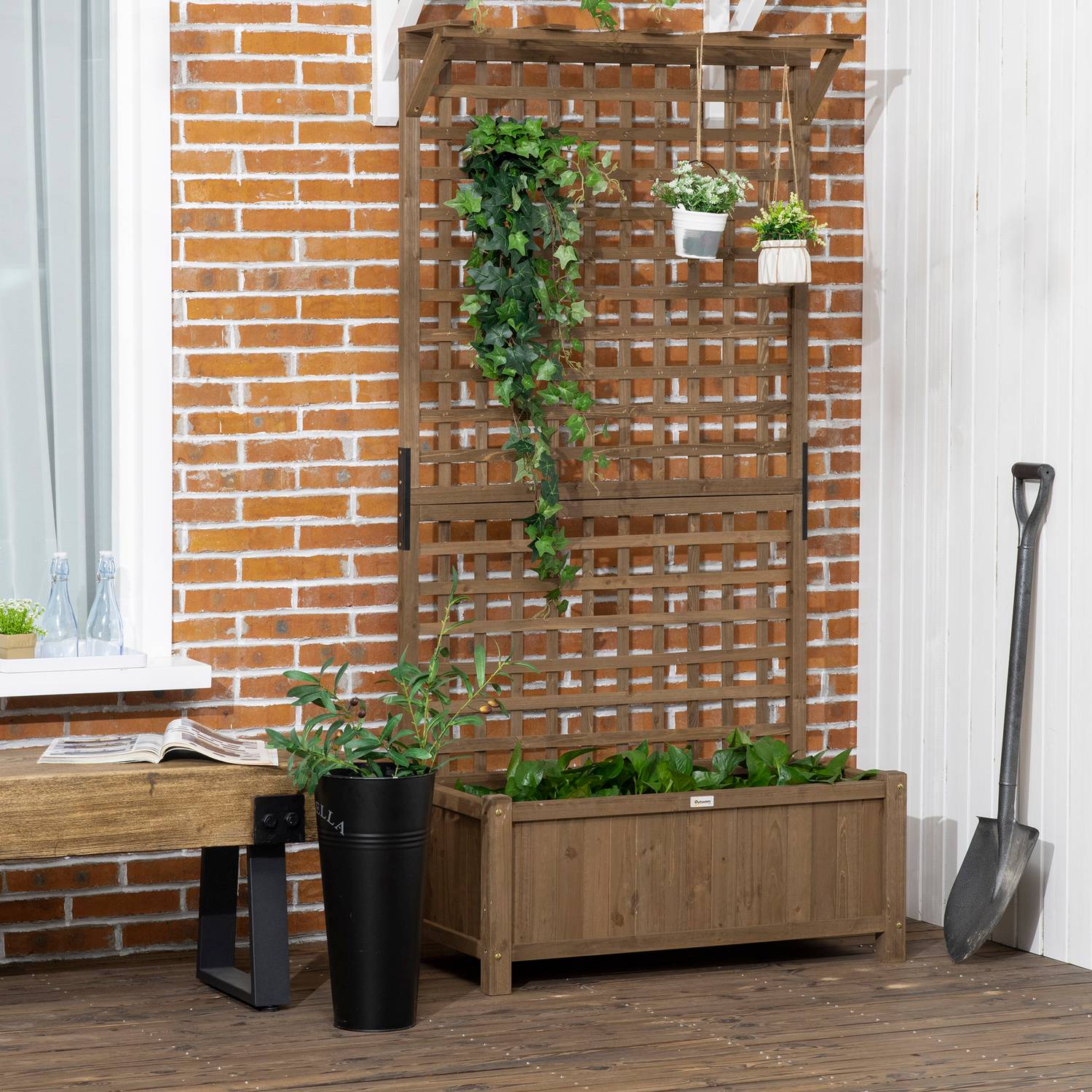 Verhoogd houten bed met latwerk voor klimplanten, 90x45x183 cm
