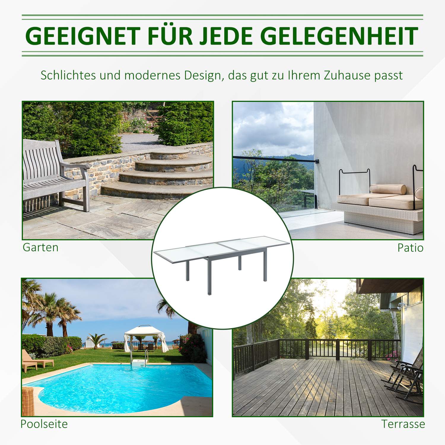 Uitschuifbare tuintafel, gehard glas, aluminium