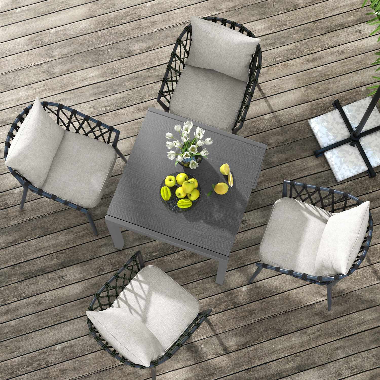 Uitschuifbare terrastafel, houtlook, 6 stoelen, staal